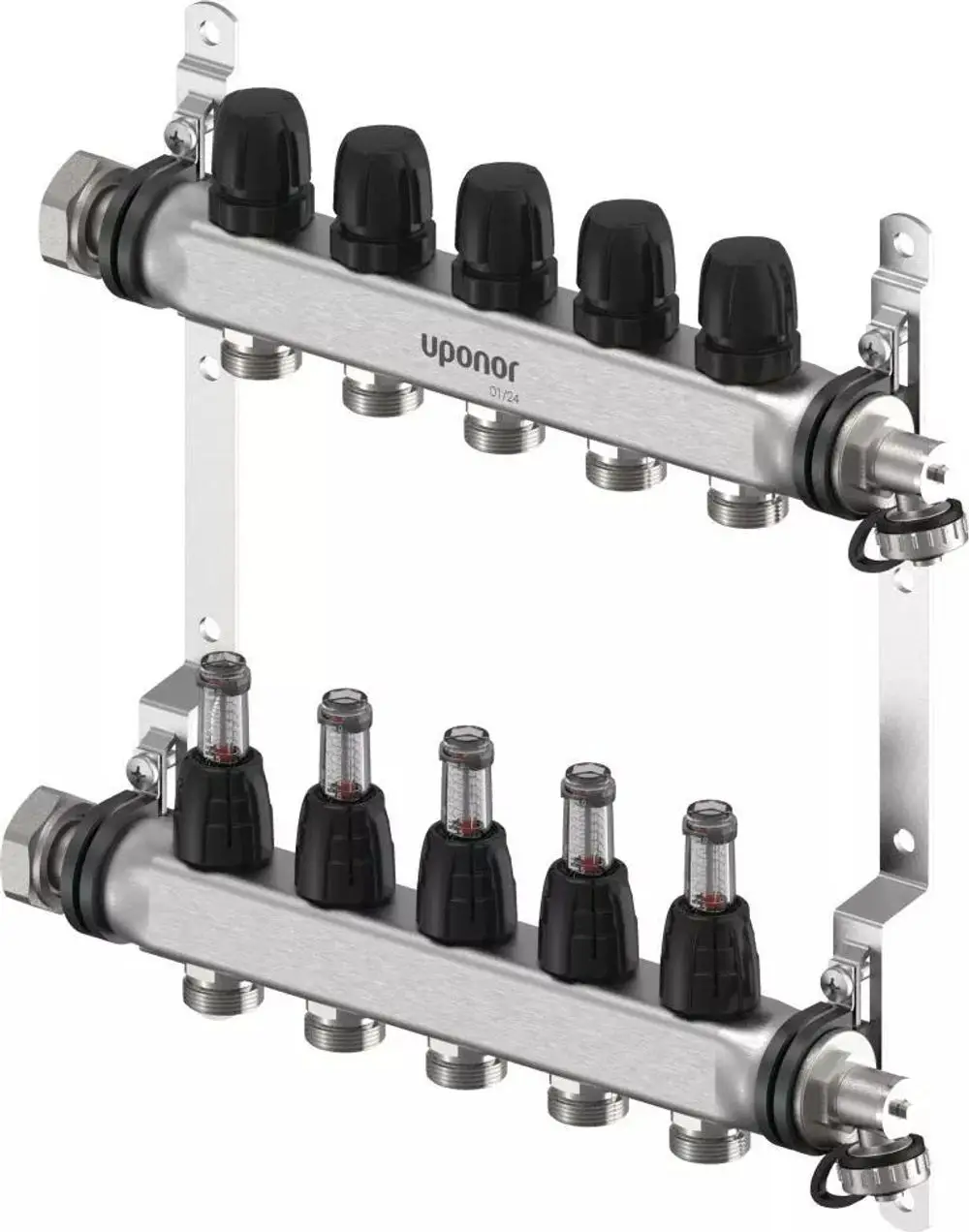 Auf der Montageplatte befindet sich ein Uponor Verteiler mit mehreren Anschlüssen und Regulierungselementen, ausgelegt für die Wasserverteilung in Heizsystemen.